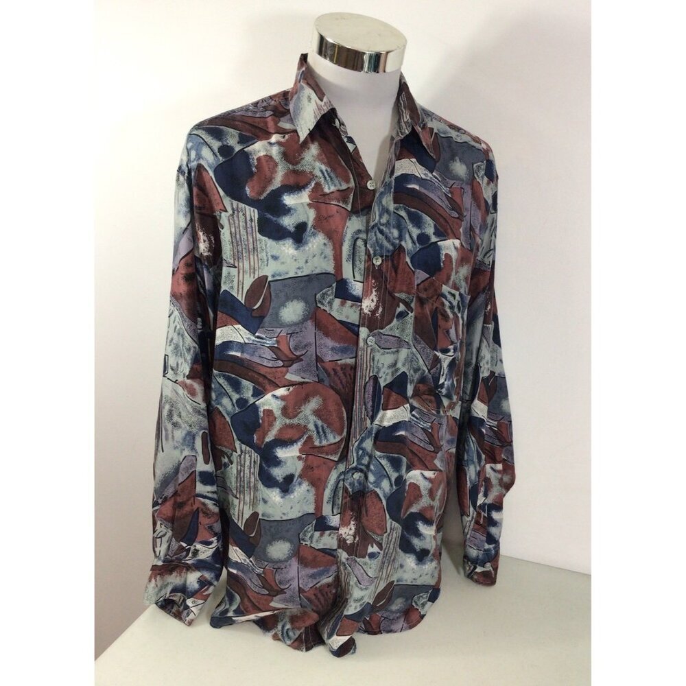 Vintage Thums Up Silk Geometric Print Shirt 90’s Style Mens Large